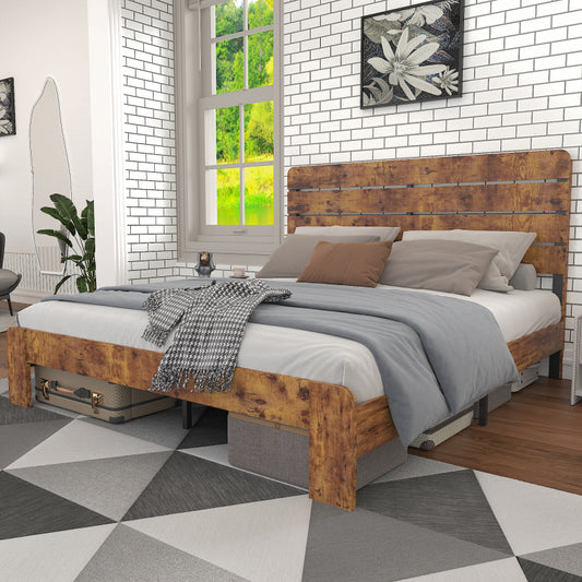 Holz Doppelbett, antikes Holz Bettgestell mit Eisen Lattenrost und hohem Kopfteil, mit Eisenrohrrahmen 180 x 200 cm