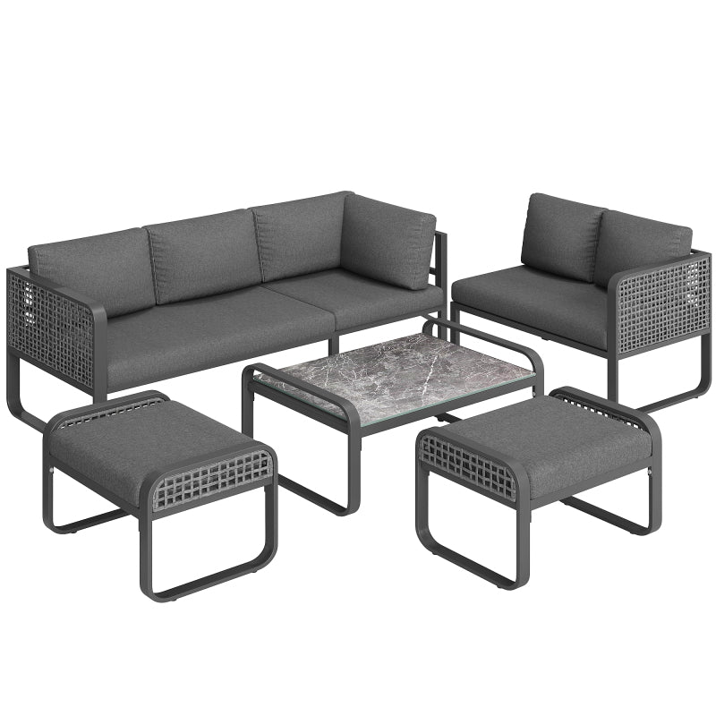 Garten-Lounge-Set, Rattan-Möbel-Set für 6-7 Personen, Ecksofa mit verzinktem Eisengestell, verstellbare Beine, inklusive aller Sitz- und Rückenkissen, grau