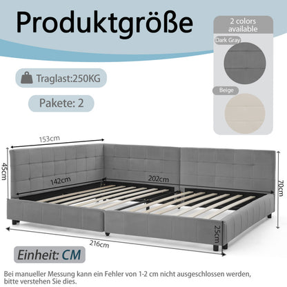 Doppelbett 140x200 cm, weiches hautfreundliches Samt, L-förmiges Eck Bettgestell, robuste Eukalyptus- und Eisenlatten, Dark Gray (ohne Matratze)