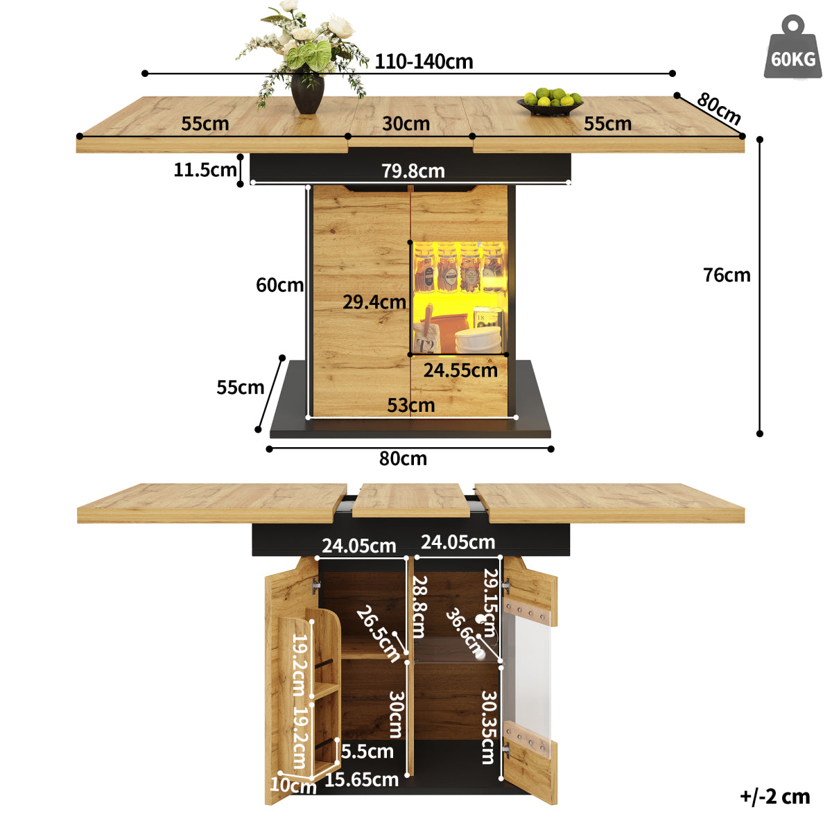 Ausziehbarer Esstisch 110-140x80cm mit LED-App-Steuerung & USB, Küchentisch Schwarz/Natur mit Glas-Schranktüren & Snackregal