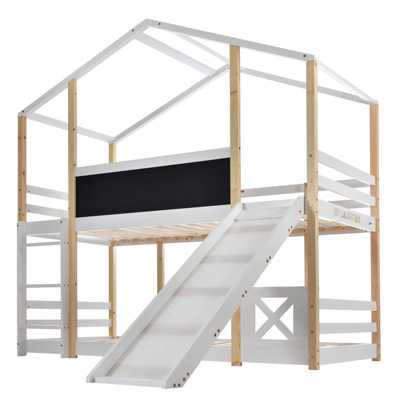 Kinderbett Baumhaus mit Rutsche & Leiter 90 x 200 cm, Hochbett für Kinder– 2x Lattenrost- Natur & Weiß