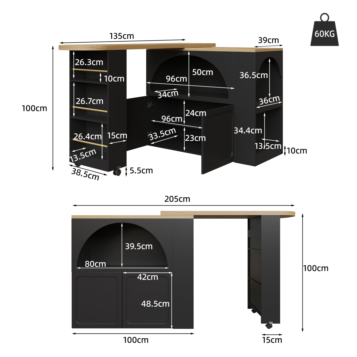 Ausziehbarer Bartisch 135-205cm mit LED & USB, Mobiler Hochtisch Schwarz, Teleskop-Kücheninsel mit Stauraum & Soft-Close, Modernes Bogendesign