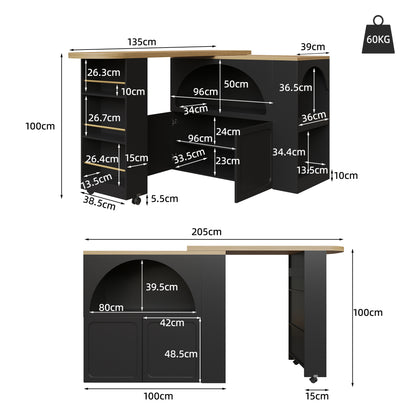Ausziehbarer Bartisch 135-205cm mit LED & USB, Mobiler Hochtisch Schwarz, Teleskop-Kücheninsel mit Stauraum & Soft-Close, Modernes Bogendesign