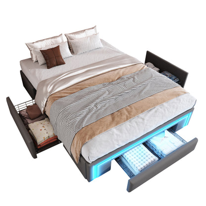 Bettgestell 160X200 mit Schubladen, PU-Leder Bett ohne Kopfteil Mit LED-Lichtleiste, MetalllattenPlattformbett für moderne Schlafzimmer Grau