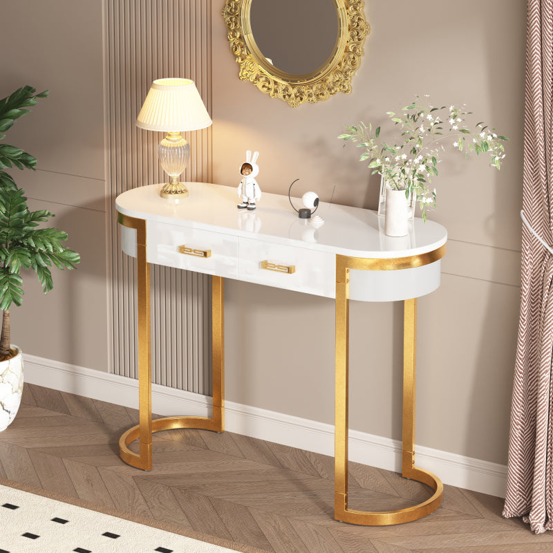 100 x 40 x 76 cm, Moderner und schlichter weißer Hochglanz-Sofa-Beistelltisch, Wohnzimmer-Konsolentisch,  Schreibtisch mit 2 Schubladen, geeignet für Wohnzimmer, Schlafzimmer, Büro, Flur