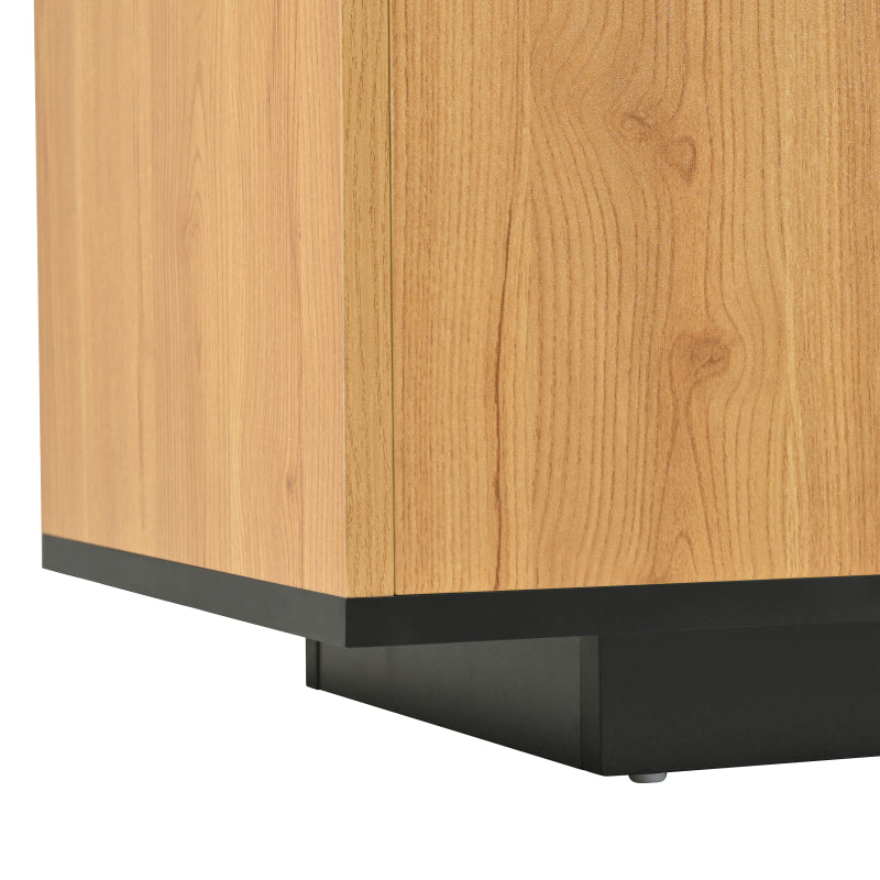 TV-Schrank mit einer Schublade, drei Türen, zwei offene Fächer mit Glas TV-Möbel, TV-Board, TV-Lowboard Feinstruktur. Schwarze und natürliche Holzfarben. 15 variable LED-Leuchten.