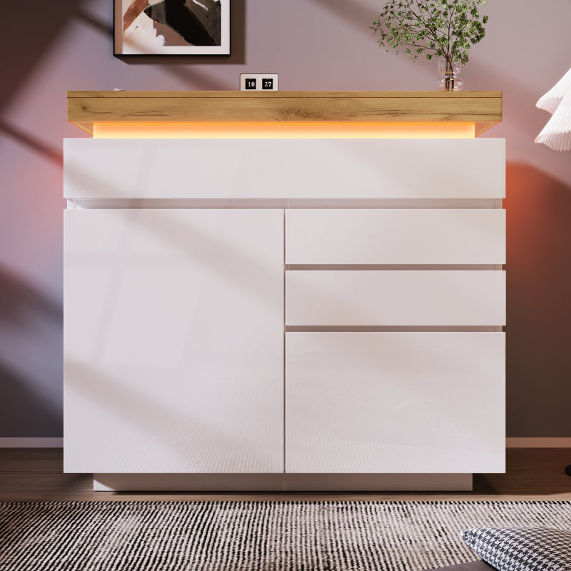 Kommode, Hochglanz Sideboard mit 2 Türen und 3 Schubladen, LED Beleuchtung (App Control), Mehrzweckschrank für Wohnzimmer und Schlafzimmer, 115 x 110 x 39 cm, Weiß