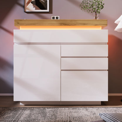 Kommode, Hochglanz Sideboard mit 2 Türen und 3 Schubladen, LED Beleuchtung (App Control), Mehrzweckschrank für Wohnzimmer und Schlafzimmer, 115 x 110 x 39 cm, Weiß