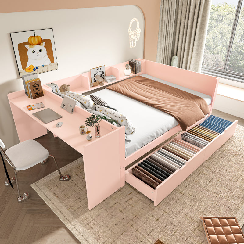 Flachbett, Holzbett, 140x200cm, mit Schreibtisch, ausgestattet mit 2 Schubladen, Doppelbett(Ohne Matratze), mit Regalen, Kiefer + Spanplatte, Rosa
