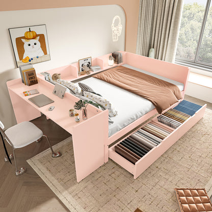 Flachbett, Holzbett, 140x200cm, mit Schreibtisch, ausgestattet mit 2 Schubladen, Doppelbett(Ohne Matratze), mit Regalen, Kiefer + Spanplatte, Rosa