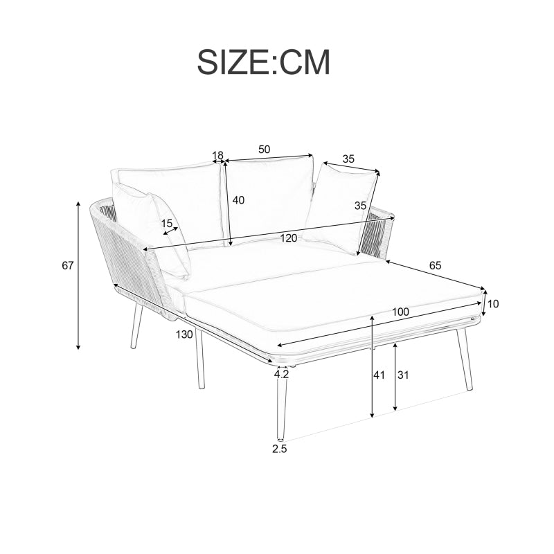 Gartensofa mit 2 Kissen und 2 Polster, Sonnenliege im Außenbereich, Gartenlounge, Kissen sind abnehmbar und waschbar, Beige