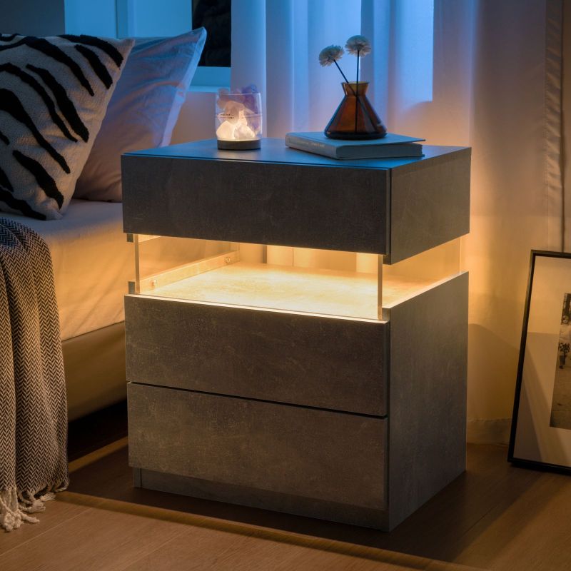 LED Nightstands 3 Drawer Dresser for Bedroom End Table with Acrylic Board LED Bedside Tables for Bedroom Living Room Bedside Furniture (White Stone)