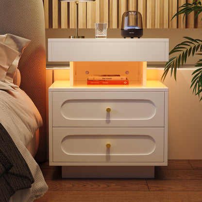 Nachttisch mit LED-Beleuchtung, Nachtkommode mit 2 Schubladen & offenem Fach, weißer Nachtschrank aus Spanplatte, B50×T40×H60 cm