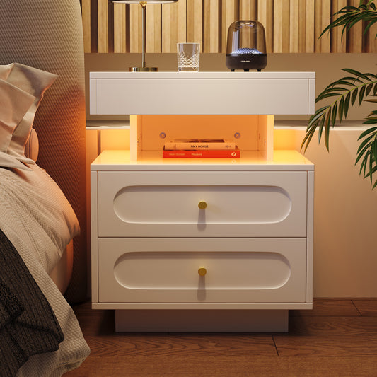 Nachttisch mit LED-Beleuchtung, Nachtkommode mit 2 Schubladen & offenem Fach, weißer Nachtschrank aus Spanplatte, B50×T40×H60 cm