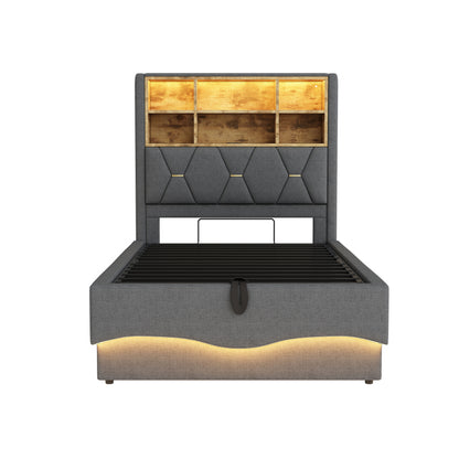 Kinderbett 90x200cm mit hydraulischem Stauraum APP-gesteuertes LED-Lichtband USB-Ladeanschluss Metall-Lattenrost Leinenpolsterung Grau