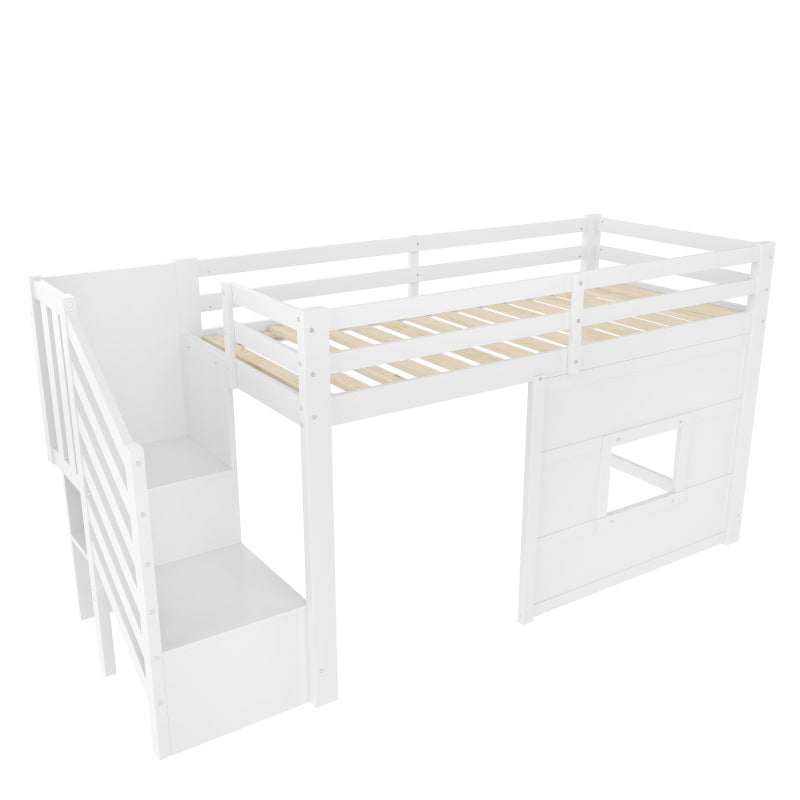 90x200 Hochbett mit Stauraumtreppe und Fenster, Weiß