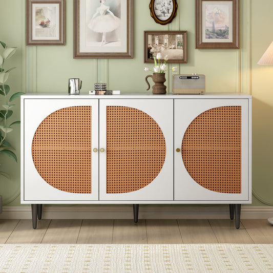 Sideboard mit 3 Rattan verzierten Türen Kommode Highboard mit Metallgriffe, für Schlafzimmer & Wohnräume & Büro, Weiß,129.8x 40x 76cm