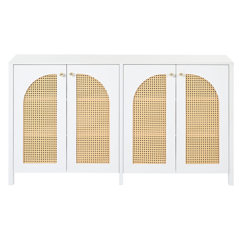 Modernes Sideboard im minimalistischen Stil 4-Rattantür, Metallgriff einfaches Buffetschrank für Esszimmer, Wohnzimmer, Küche (weiß)