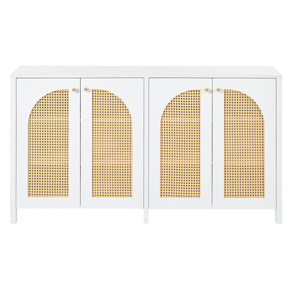 Modernes Sideboard im minimalistischen Stil 4-Rattantür, Metallgriff einfaches Buffetschrank für Esszimmer, Wohnzimmer, Küche (weiß)