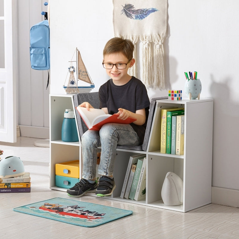 Kinderregal Bücherregal mit Sitzhocker Kindersitzbank mit 6 Fächern Sitztruhe mit 3 Kissen Spielzeugkiste ab 3 Jahren Weiß+Grau