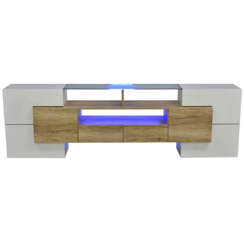 Stilvoller TV-Schrank, Lowboard.hochglänzendes Weiß, 200 cm, LED-Beleuchtung, Wohnzimmermöbel.  modernes Design. elegante Glasoberfläche.