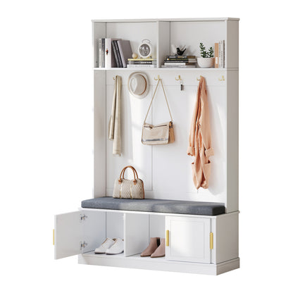 Garderobenständer mit  Schuhbank, Garderobe,  6 Dreifach-Haken,freistehend, platzsparend, für Eingangsbereich,Flur, Weiß