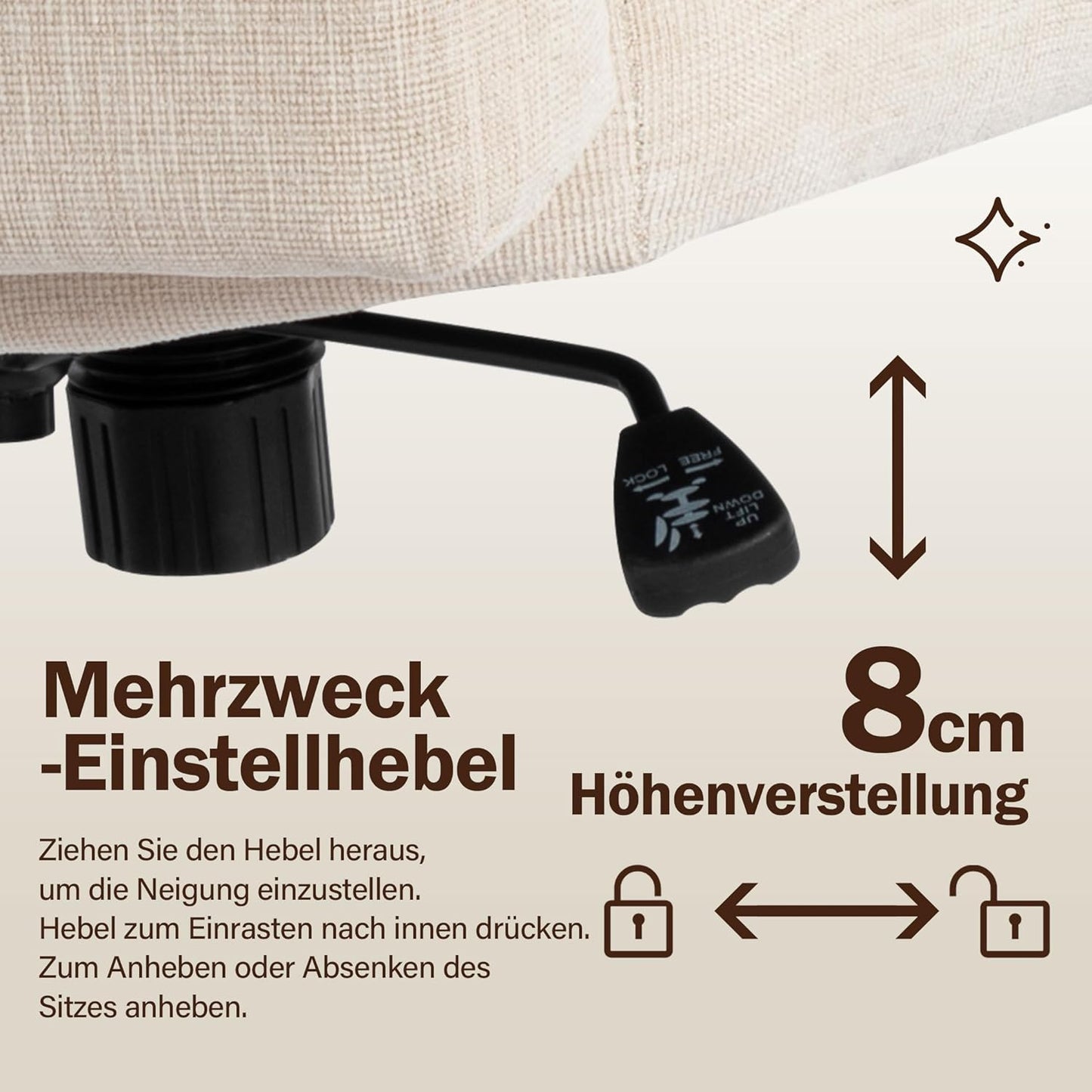 Bürostuhl Ohne Armlehnen,Home Office Stuhl Keine Räder,Heavy Duty Metallbasis,120°Schaukelnder breiter Sitz Ergonomischer Stuhl, Dicken gepolsterte Dreh Eitelkeit Stuhl für Heim und Büro Cream+Linen+Metal