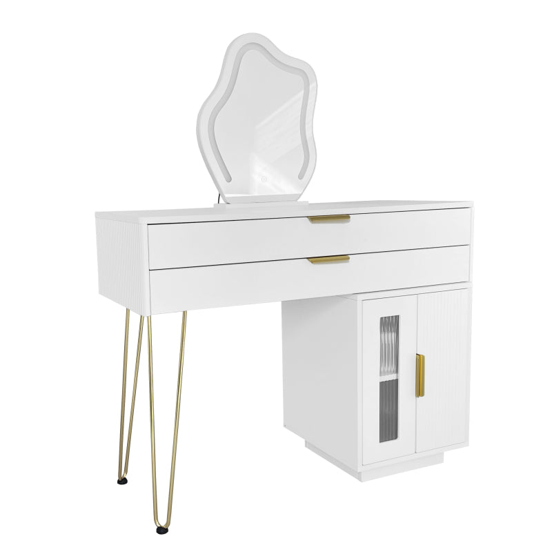 Schminktisch mit LED-beleuchtetem Spiegel, Weißes Schminktisch-Set mit ausziehbarem Design, moderner Kosmetiktisch für das Schlafzimmer  - Maße:B100/H78/T40 cm (ohne Hocker)