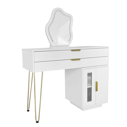 Schminktisch mit LED-beleuchtetem Spiegel, Weißes Schminktisch-Set mit ausziehbarem Design, moderner Kosmetiktisch für das Schlafzimmer  - Maße:B100/H78/T40 cm (ohne Hocker)