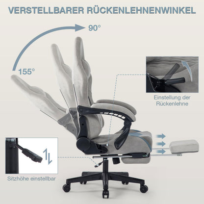 Gaming Stuhl mit Fußstütze Gaming Stuhl Stoff Bürostuhl mit Lendenwirbelstütze Ergonomischer Gaming Sessel Gaming Stuhl 150 kg Belastbarkeit Gamer Stuhl Verstellbare Armlehne, Grau