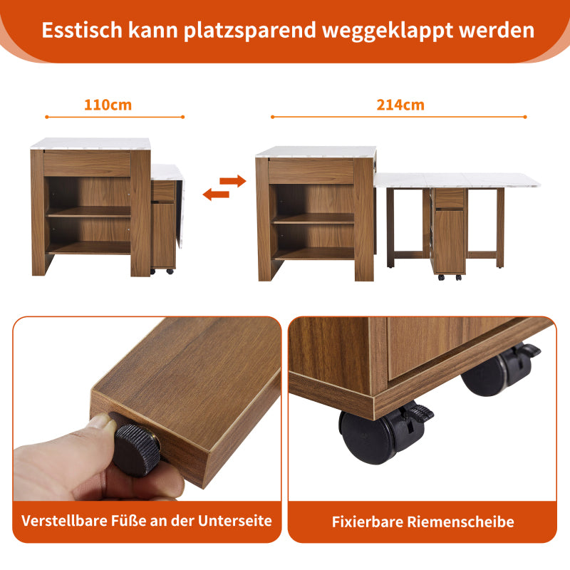 Ausziehbarer Bartisch mit Stauraum(110-124×78×97.5cm), für 2-6 Personen, Kücheninseln mit 2 Schubladen, 2 seitliche offene Regale und eingebaute Steckdose,Tischplatte aus weiß marmoriertem MDF,Braun