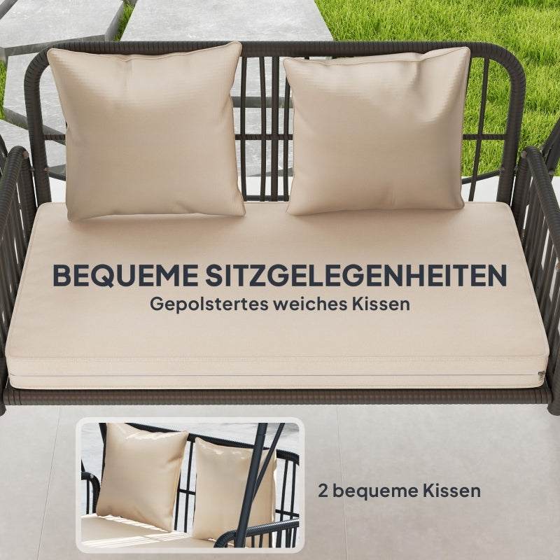 Hollywoodschaukel Rattan 2-Sitzer Gartenschaukel mit verstellbar, Sonnendach Kissen Hängebank, für Garten Balkon, Khaki