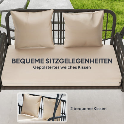 Hollywoodschaukel Rattan 2-Sitzer Gartenschaukel mit verstellbar, Sonnendach Kissen Hängebank, für Garten Balkon, Khaki