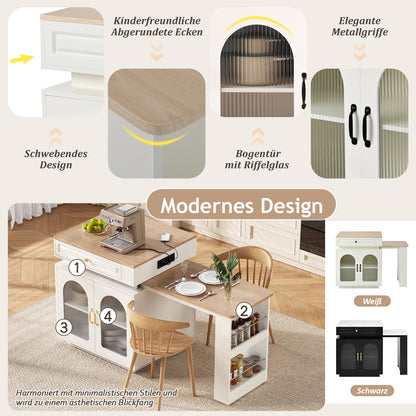 Kücheninsel mit Rollen, ausziehbarer Esstisch 128–200 cm mit LED & Steckdosen, Bartisch/Sideboard