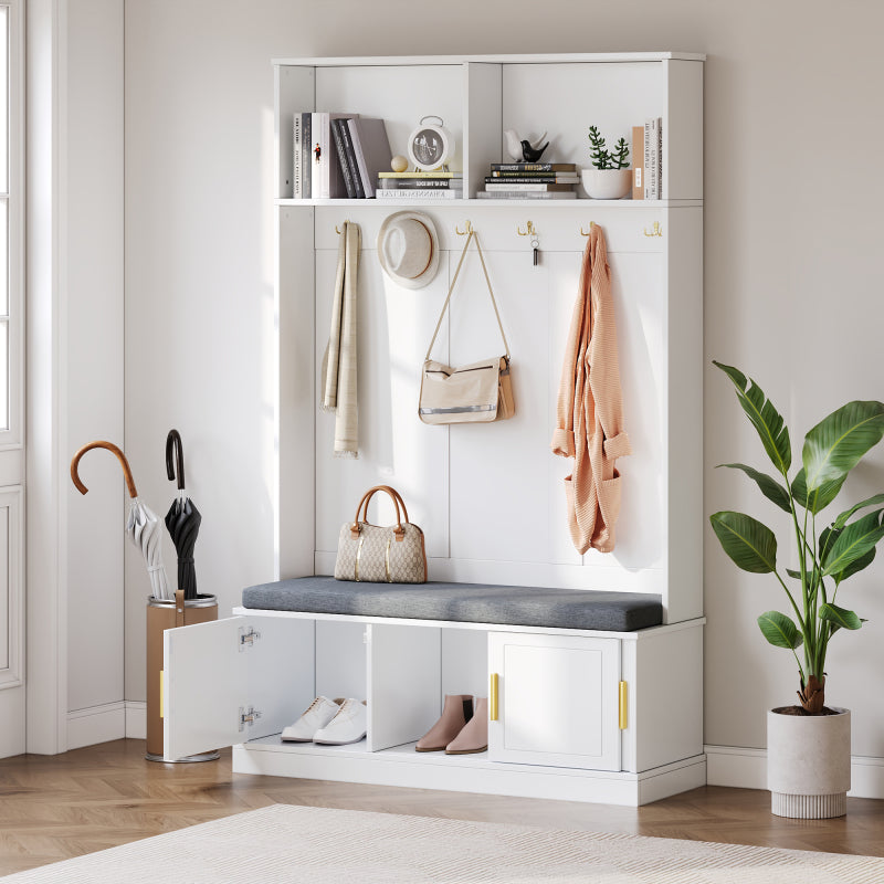 Garderobenständer mit  Schuhbank, Garderobe,  6 Dreifach-Haken,freistehend, platzsparend, für Eingangsbereich,Flur, Weiß
