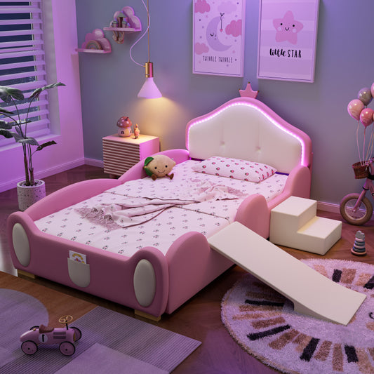 Polsterbett, Crown Cartoon Bett, Mit Multi-Mode-LED-Streifen, Kinderbett mit kleiner Rutsche und Treppe, mit schützenden weichen Kanten, mit Holzlatten, PU, Rosa + Beige, 90x200cm