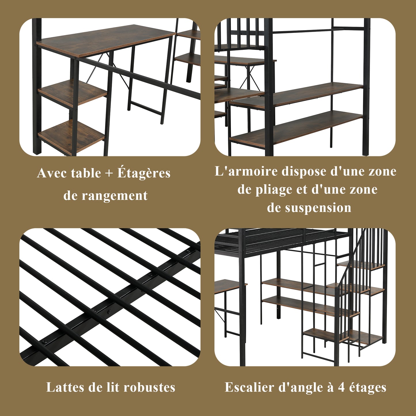 Eisenbett, Etagenbett, Geeignet für Kinder und Jugendliche, Eckleiterschrank mit Stauraum, Mit Tisch und Ablageregal, Mit offenem Kleiderschrank, Eisen+MDF, Schwarz+Vintage-Holzfarbe