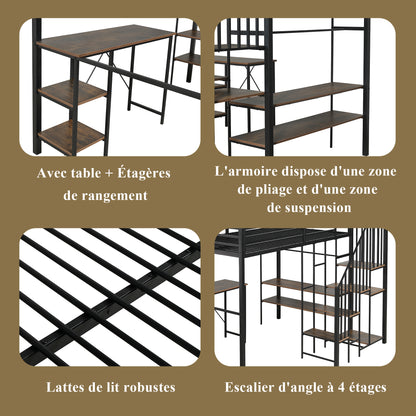 Eisenbett, Etagenbett, Geeignet für Kinder und Jugendliche, Eckleiterschrank mit Stauraum, Mit Tisch und Ablageregal, Mit offenem Kleiderschrank, Eisen+MDF, Schwarz+Vintage-Holzfarbe