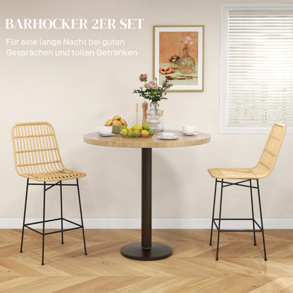 Barhocker 2er-Set Boho-Stil aus Rattan mit Rückenlehne und Stahl bis 120 kg, 45 x 53,5 x 105 cm, Natur & Schwarz