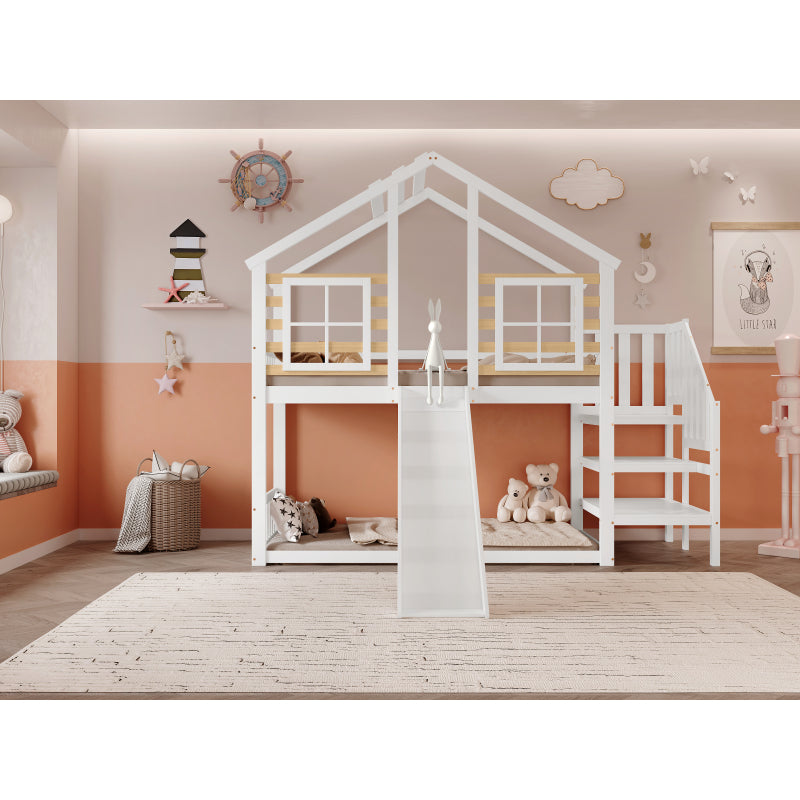 Etagenbett, Holzbett mit Treppe und Gitter, mit Rutsche und Fenster, Blockhaus Kinderbett mit Absturzsicherung, Bettrahmen aus Massivholz, Weiß(90x200 cm)