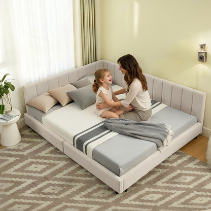 Doppelbett 140×200 cm aus Samt mit hoher Rückenlehne, stabiles Bettgestell aus Holz & Metall, ideal für Schlafzimmer & Gästezimmer, Beige (ohne Matratze)