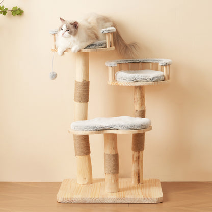 Designer Katzenklettergerüst aus Massivholz - 98 cm hoch, 3-stufiges Sprungbrett, abnehmbare Kissen und Spielbälle, Wolkenoptik-Imitation