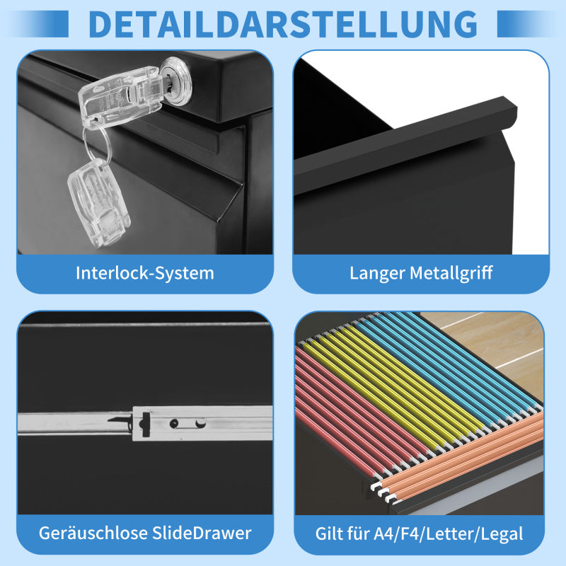 3-Schubladen-Mobil-Aktenkasten mit Schloss - Metall-Ablagekästen für Home Office Organisation – Letter, Legal und A4,Schwarz,H60 cm × B37.3 cm × T44 cm.