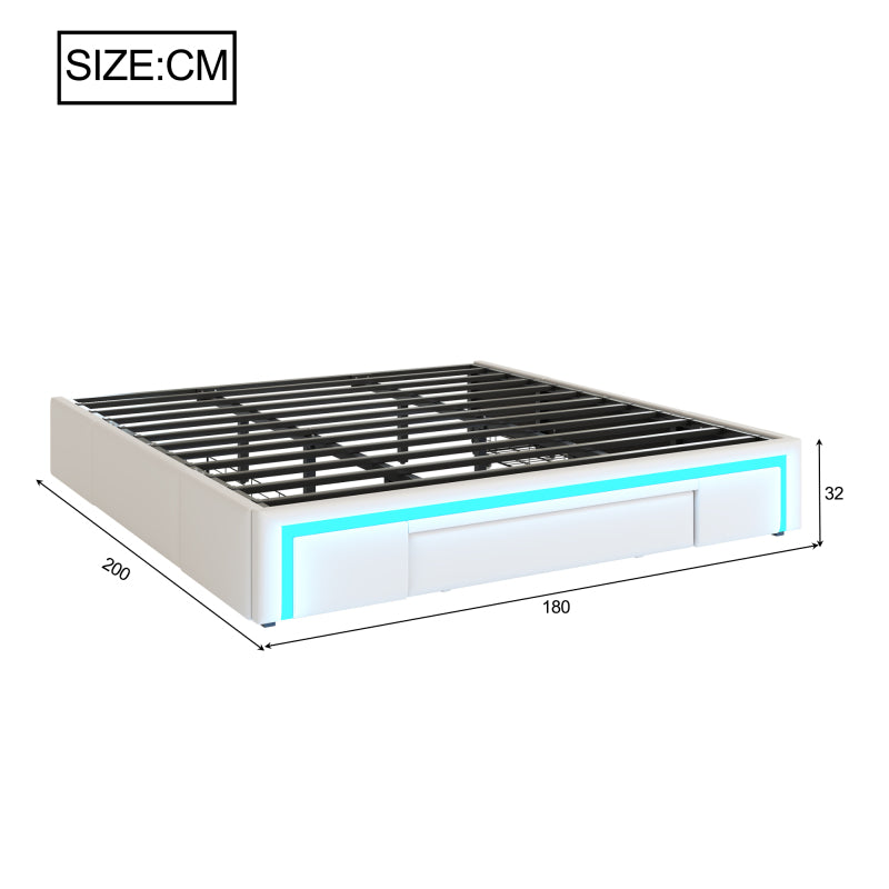 Bettgestell 180X200 mit Schubladen, PU-Leder Bett ohne Kopfteil Mit LED-Lichtleiste, MetalllattenPlattformbett für moderne Schlafzimmer Beige