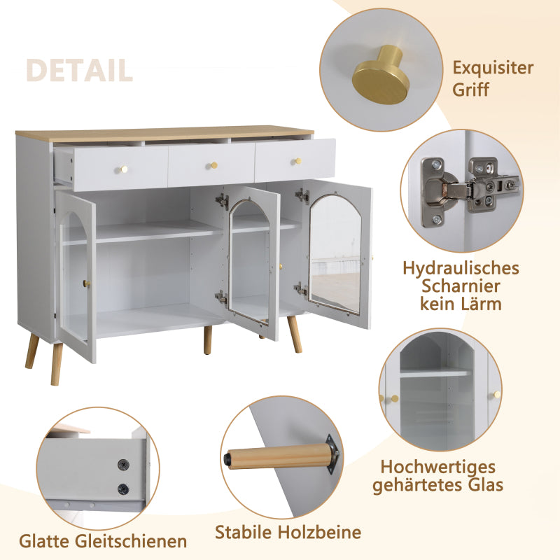 Sideboard mit 3 Schubladen und 3 gebogenen Türen mit breitem Schrank aus gehärtetem Glas für Buffettische in Küchen und Esszimmern, weiß und natur