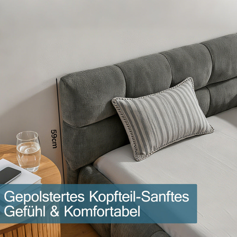 Doppelbett 140*200 cm, Bett mit seidig weichem Chenille - Bezug, quadratischem Steppdesign, Dark Gray (ohne Matratze)