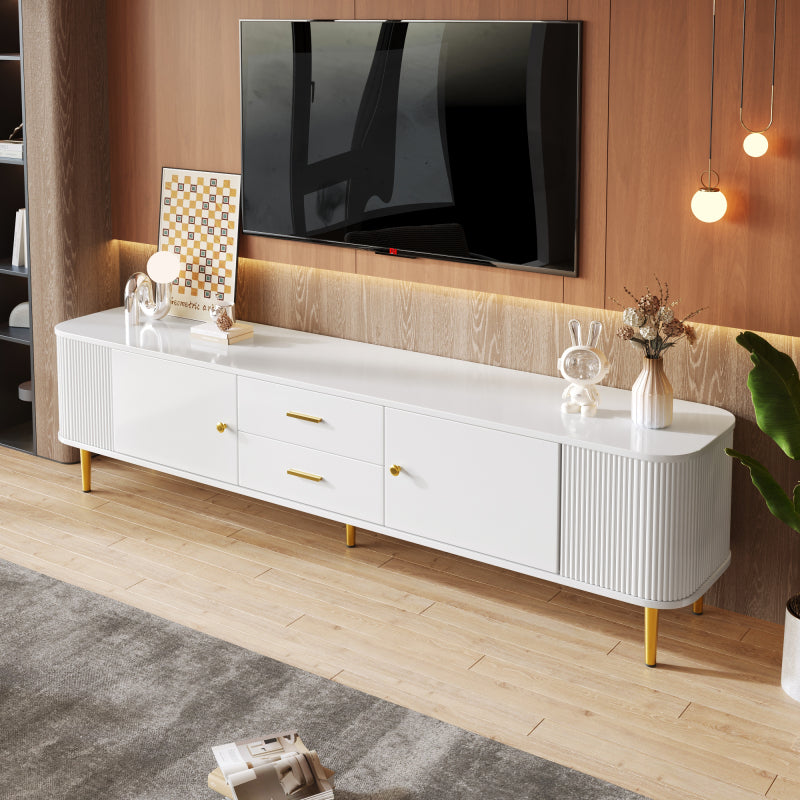 TV-Schrank mit Schubladen, geschwungenen Ecken, Wohnzimmer-TV-Schrank mit gewellten Seiten, goldenen Griffen und Beinen