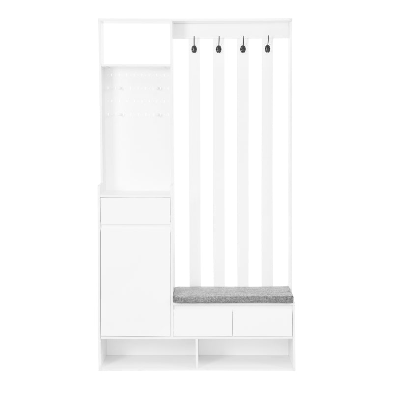 Flurgarderobe mit gepolsterter Aufbewahrungsbank, multifunktionaler Flur-Schuhschrank mit Stecktafel, moderne Garderobe mit 4 Haken für Eingangsbereich, Waschküche, Weiß,H180/B100/T35 cm