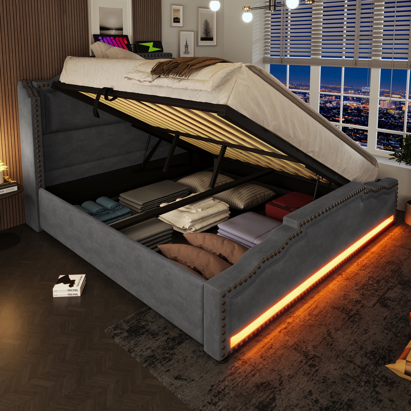 Polsterbett 140x200, Doppelbett mit hydraulischem Stauraum, LED-Beleuchtung und USB-C-Ladeanschluss, Stauraumbett und Jugendbett mit Lattenrost, Samt, Grau, Mit Matratze