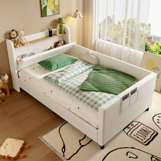 Kinder-Spleißbett, Polsterbett, Tagesbett, Schlafsofa mit Metallbettgestell, Kindernachttisch mit unterer Klapptür, 3 kleine Aufbewahrungstaschen, PU+MDF+Sperrholz, Weiß, 90x200cm